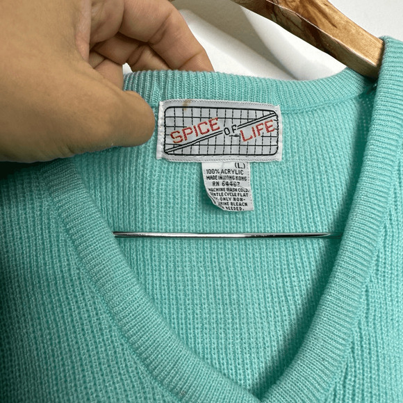 VTG 80s tapered SWEATER VEST blue v neck PEARL button side details womens L - Picture 4 of 5